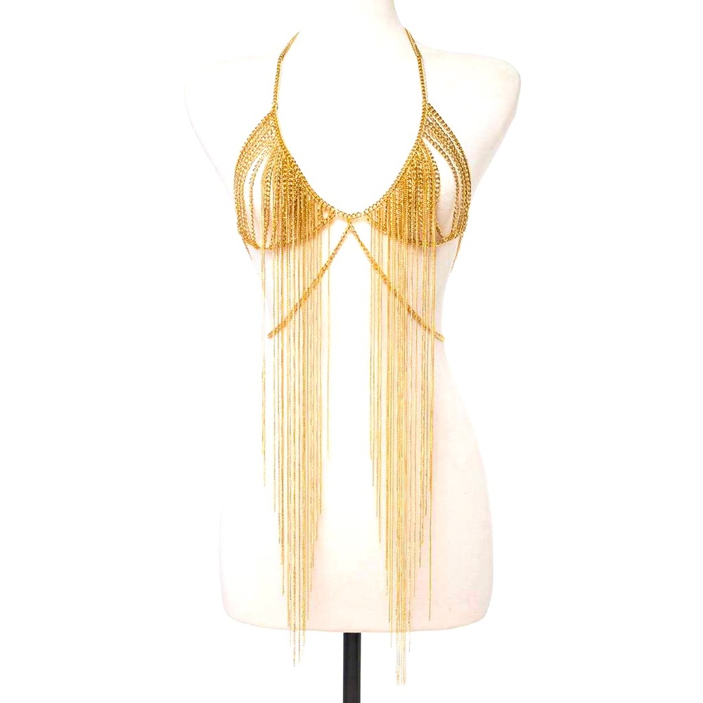 Gold Fringe Bra Bodychain Statement Necklace